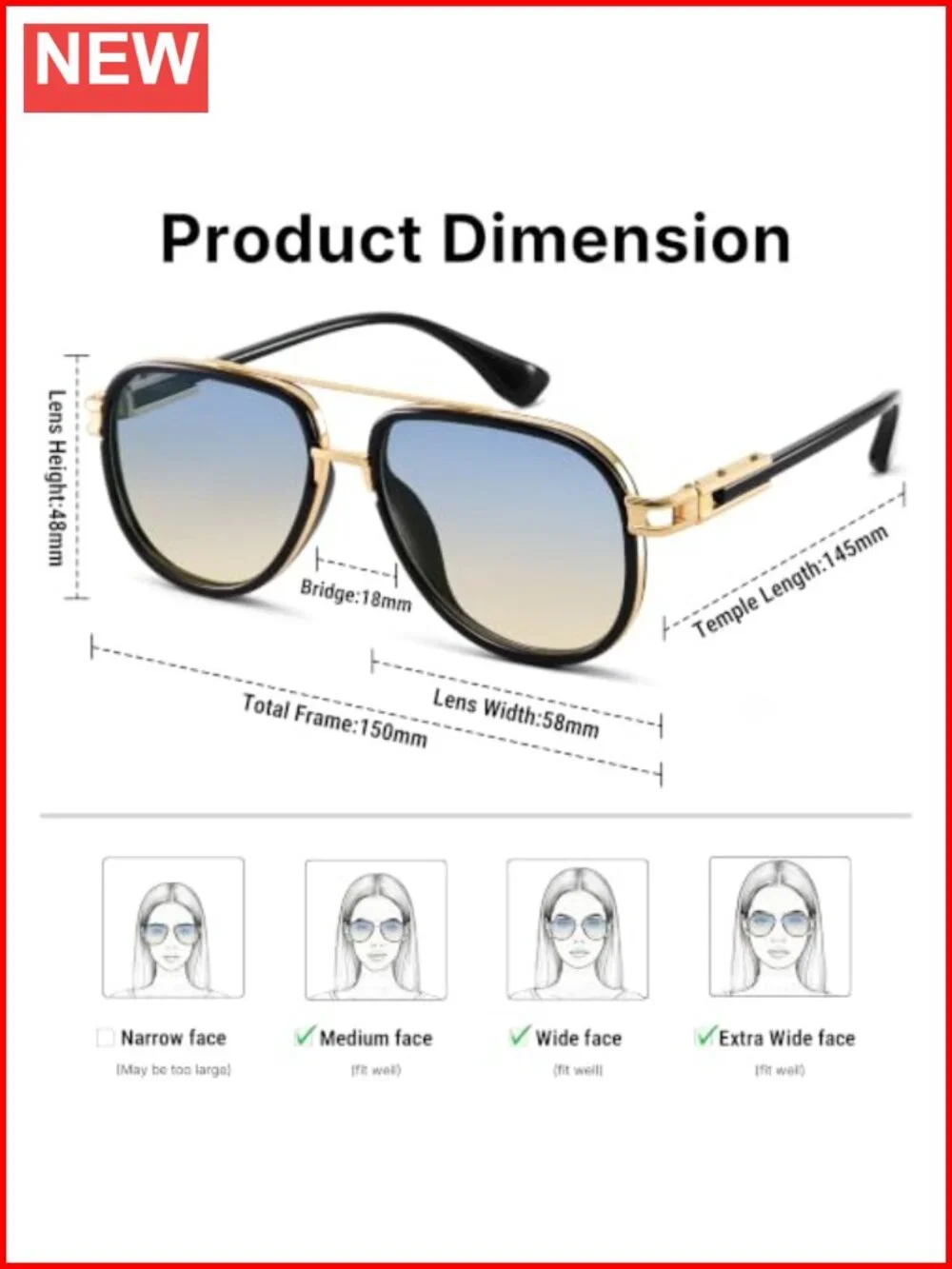Oversized Aviator Sunglasses Double Bridge Metal Vintage Gradient Shades UV400